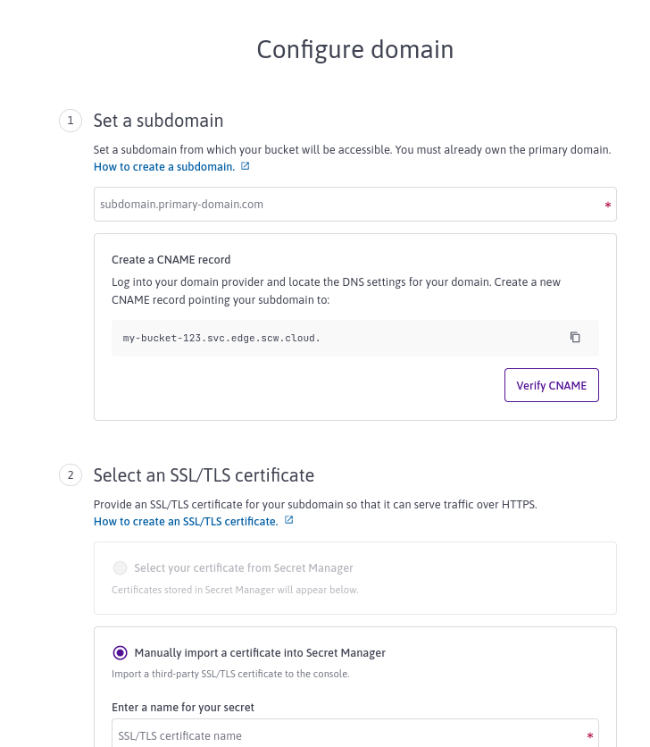 A screenshot of the Scaleway console showing the Configure Domain screen. Two sections display: Set a subdomain, and Configure SSL/TLS certificate.