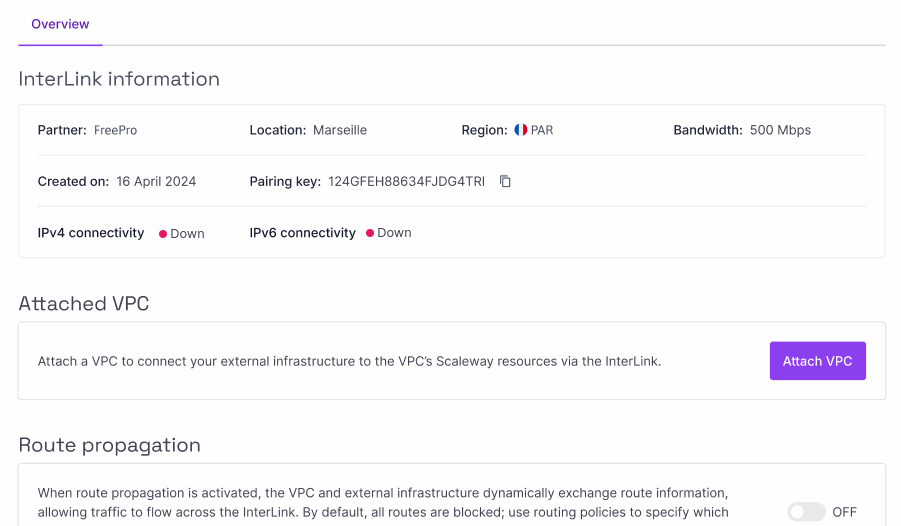 A screen in the Scaleway console show's an overview of an InterLink's partner, location, region, bandwidth, creation date, pairing key, and IPv4/IPv6 connectivity status.