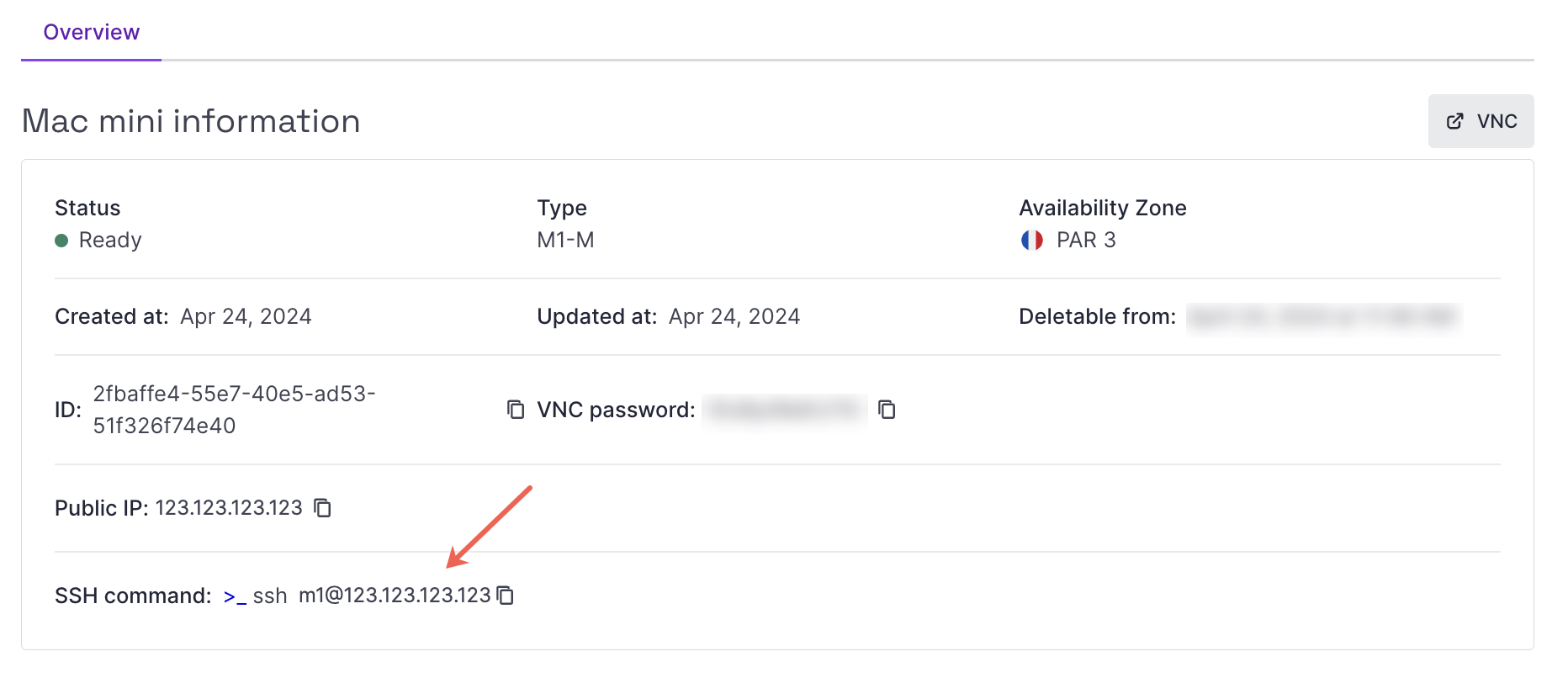 SSH command details in Scaleway console