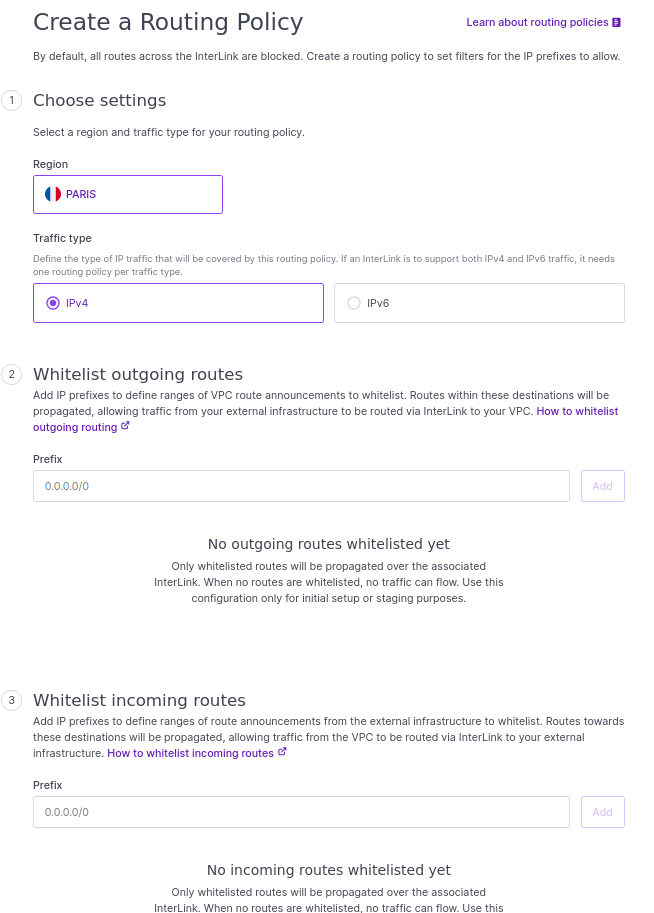 In the Scaleway console, the create a routing policy wizard is displayed. There are 3 steps: 1. Choose a name and region, 2. Whitelist outgoing routes and 3. Whitelist incoming routes