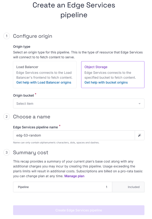 A screenshot of the Scaleway console shows the Edge Services pipeline creation wizard. It prompts you to select an origin type (Load Balancer or Object Storage), origin bucket, and choose a name for the pipeline.
