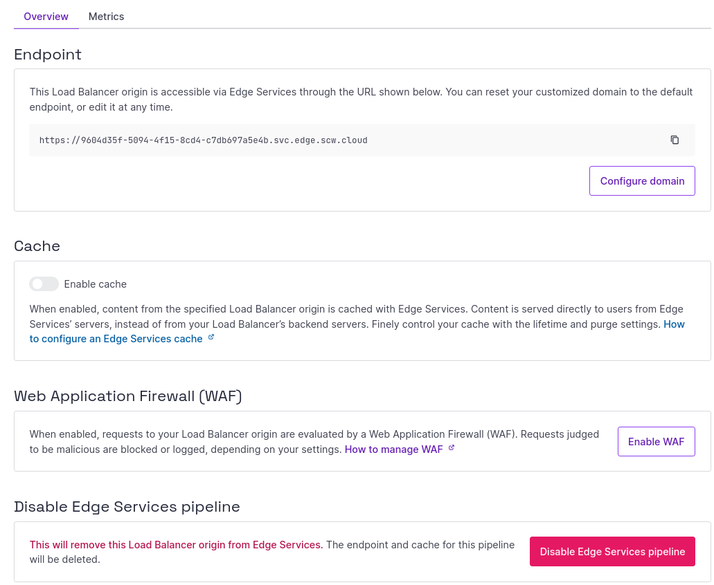 A screenshot of the Edge Services dashboard in the Scaleway console. This is a dashboard for Edge Services on an Object Storage bucket, showing links to the documentation, Scaleway Cockpit, the endpoint, cache settings and a button to disable the pipeline.