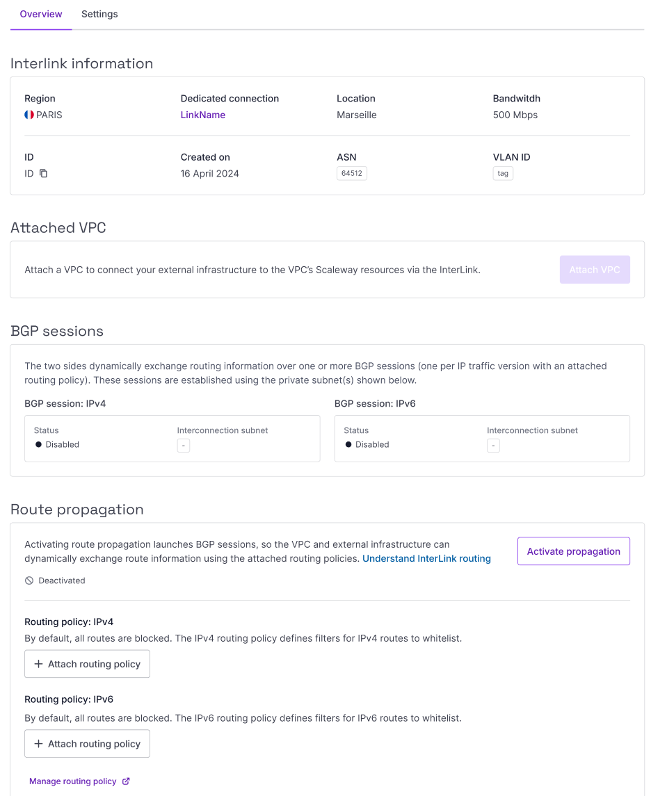 A screen in the Scaleway console shows an overview of a self hosted InterLink's location, region, bandwidth, creation date, ASN, and VLAN ID. Underneath are the 'Attached VPC', 'Route propagation' and 'Tags' panels