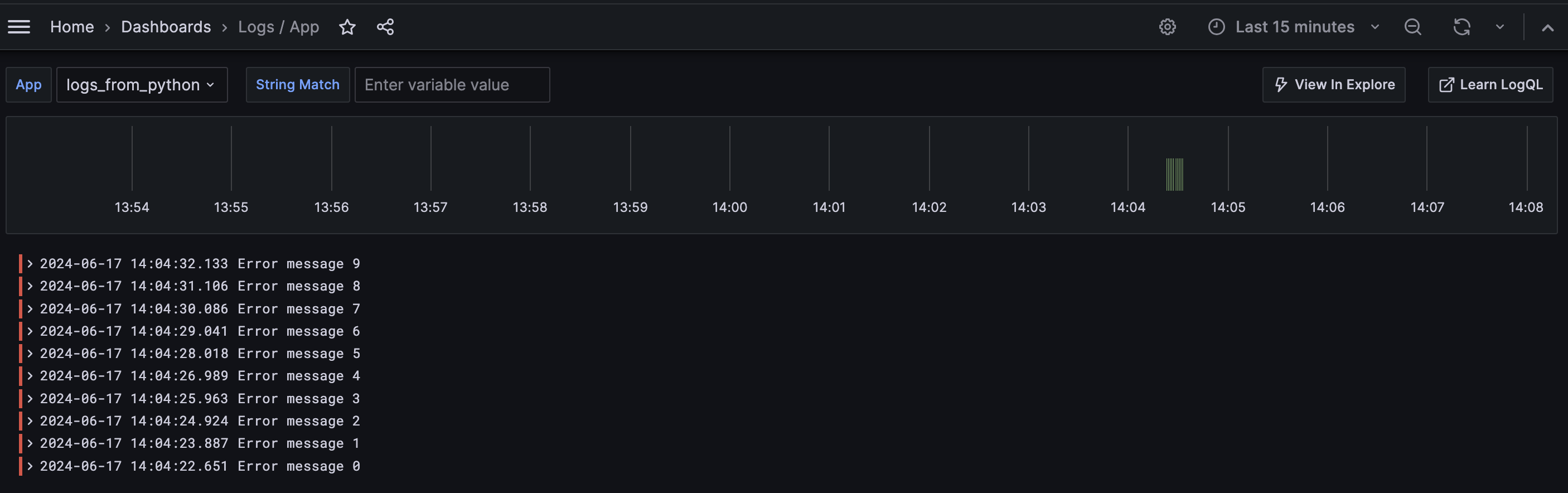 Error logs display