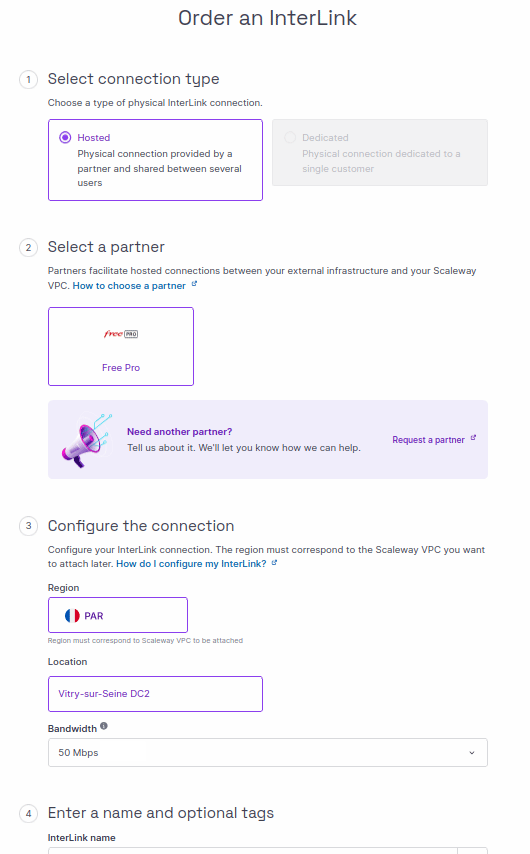 A screen of the Scaleway console shows the InterLink order form. The different sections are explained in the steps below.