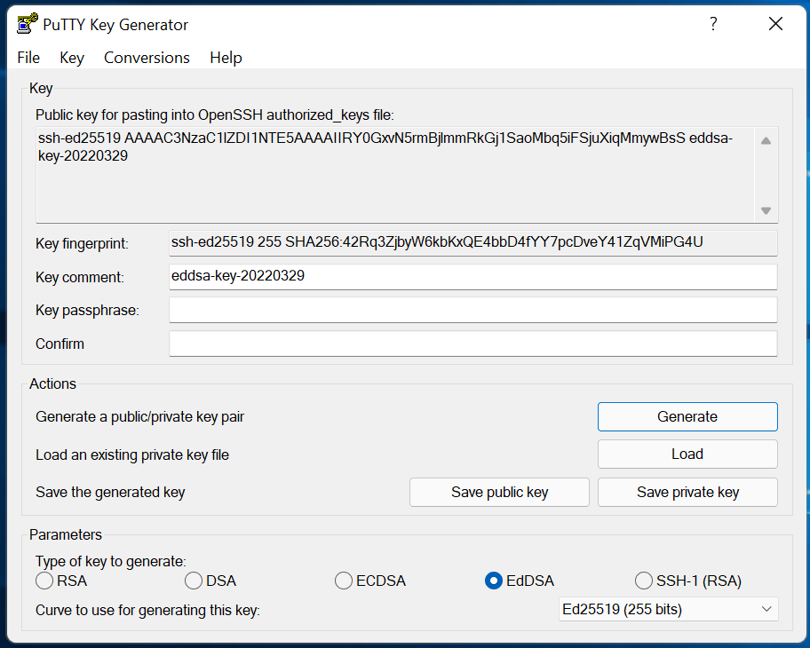 PuTTYgen Keys Generated