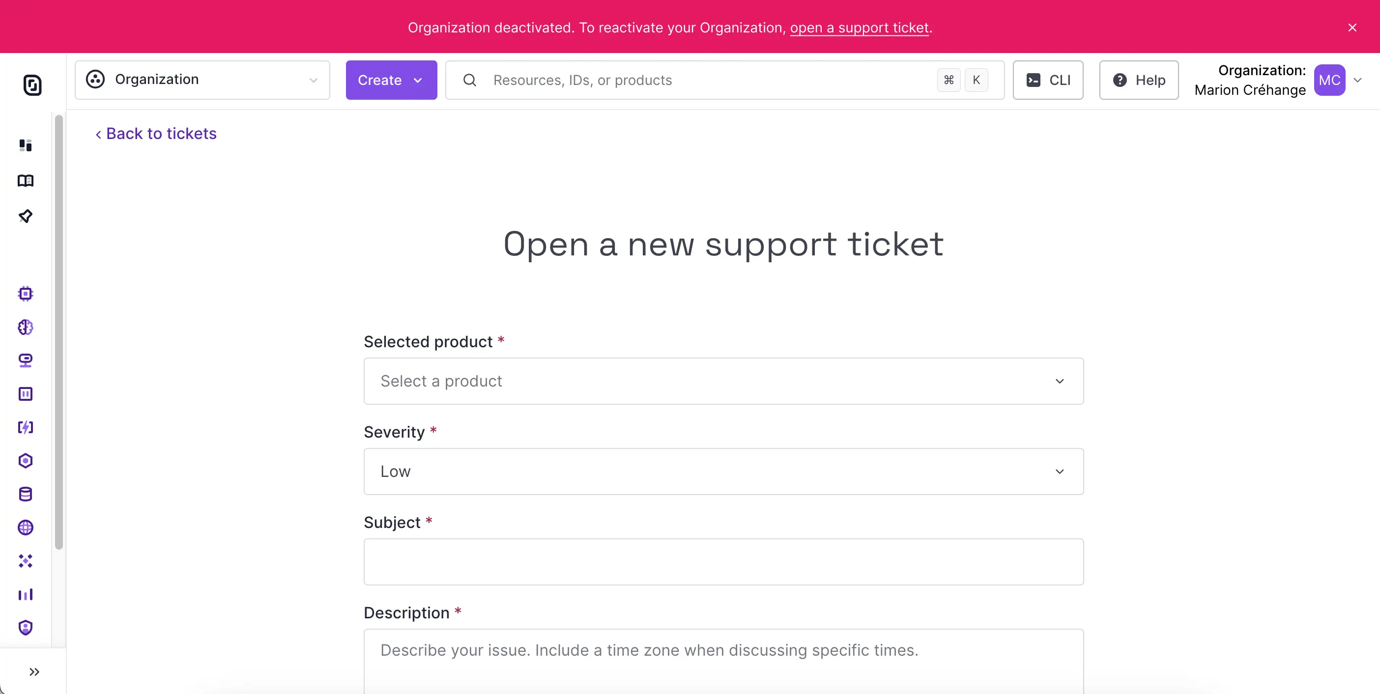 Screenshot of the Scaleway console. A banner informs you that the Organization is deactivated and can be reopened by submitting a support ticket.