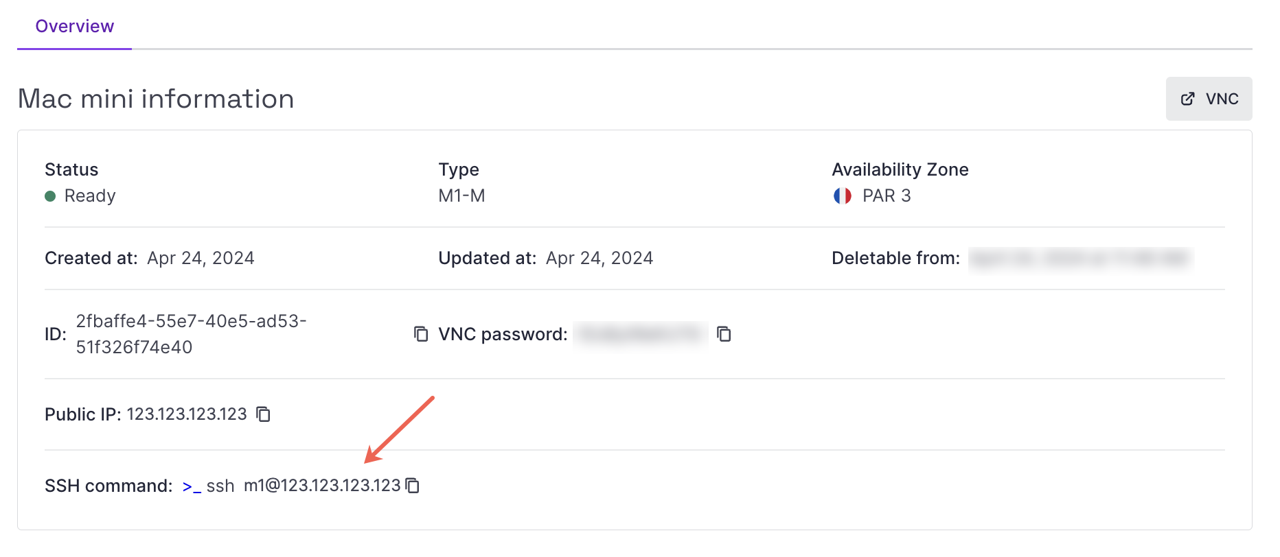 SSH command details in Scaleway console