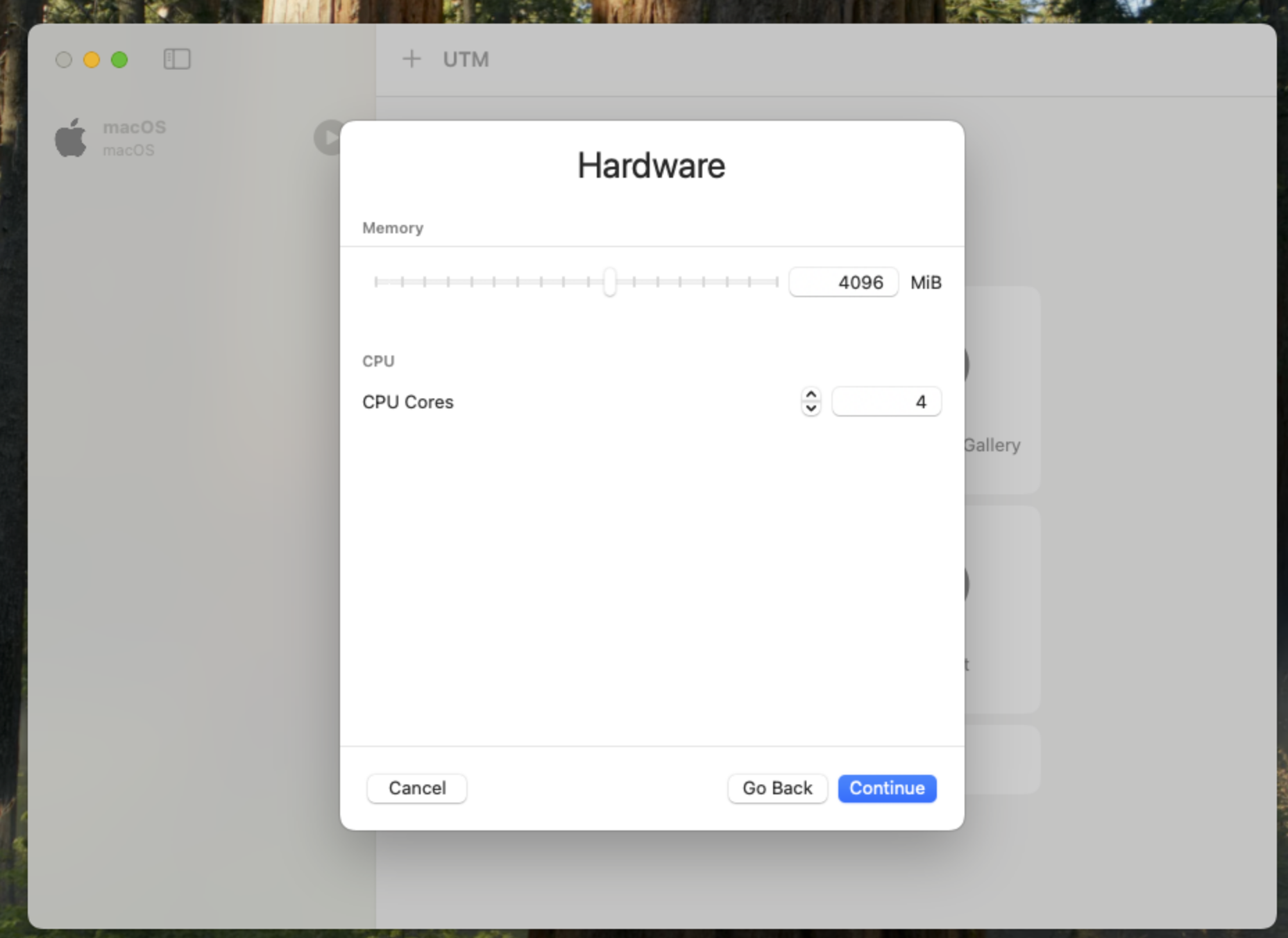 The RAM allocation window of UTM with 4096 MB of RAM selected