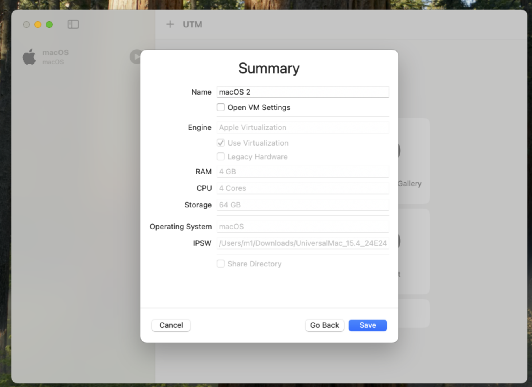Summary of the VM configuration displaying the Save button to apply the configuration