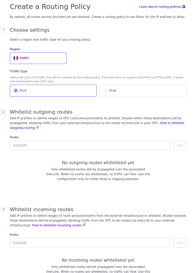 In the Scaleway console, the create a routing policy wizard is displayed. There are 3 steps: 1. Choose a name and region, 2. allow outgoing routes, and 3. allow incoming routes