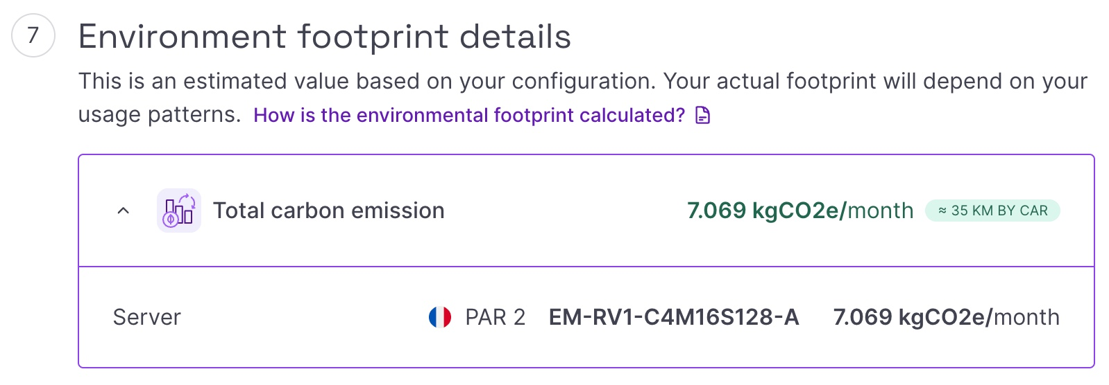 screenshot of the Scaleway console showing an order summary of an Elastic Metal server, including a dropdown where the environmental footprint estimation is indicated in kgCO₂e/month