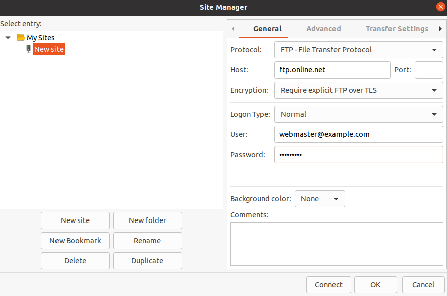 FileZilla New Site configuration
