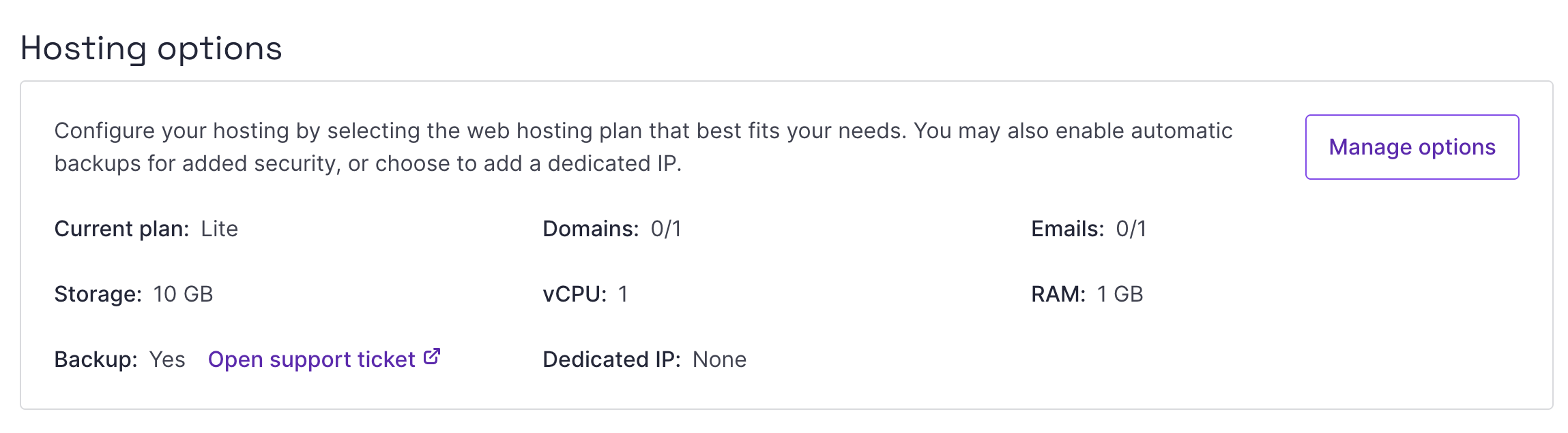 The hosting options are displayed with information about the name of the current plan, domains, emails, storage, vCPU, RAM, backup, and dedicated IP.