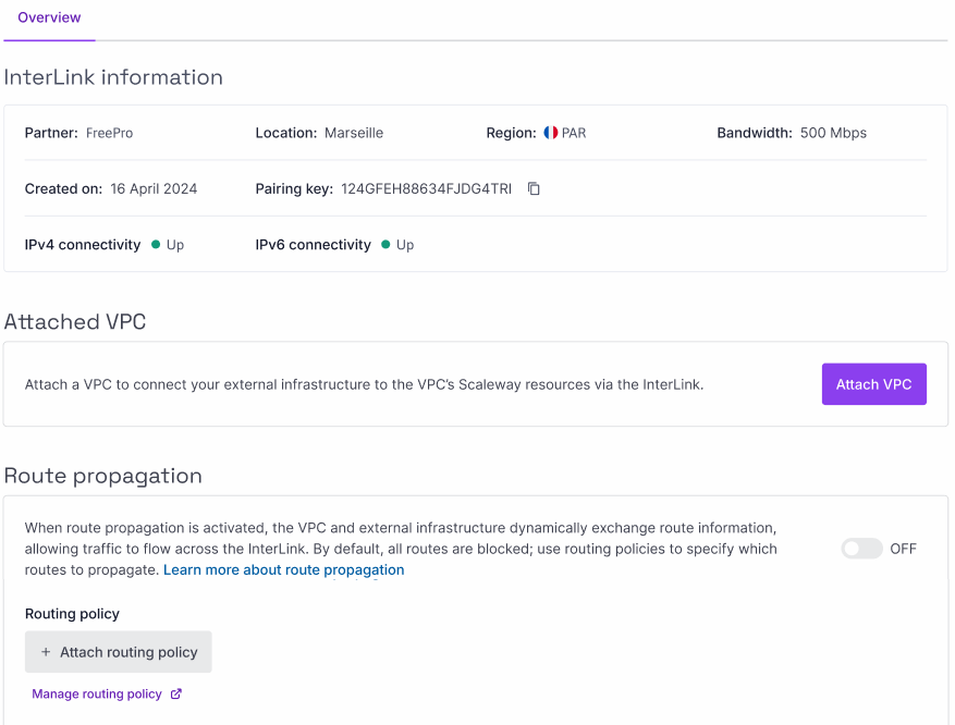 A screen in the Scaleway console shows an overview of an InterLink's partner, location, region, bandwidth, creation date, pairing key, and IPv4/IPv6 connectivity status. Underneath are the 'Attached VPC', 'Route propagation' and 'Tags' panels.