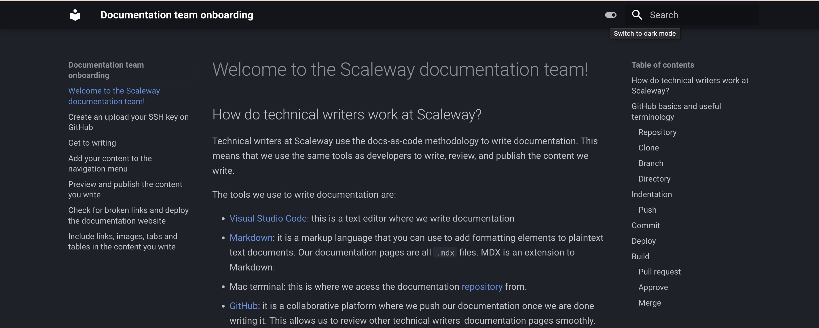 MkDocs website in dark mode