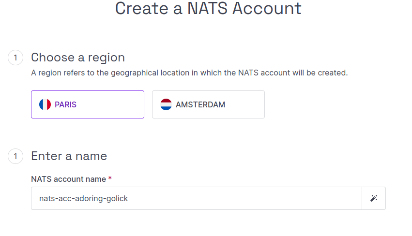 In the Scaleway console, the Create a NATS Account screen displays. The different parts of the page are detailed in the steps below.