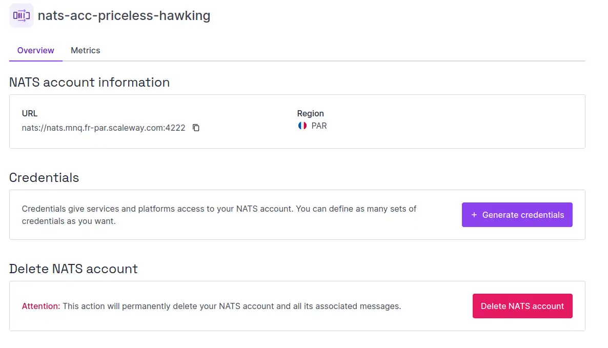 In the Scaleway console, the Overview tab of a NATS account is displayed. Three panels are visible: account information (URL and region), Credentials, and Delete NATS account.