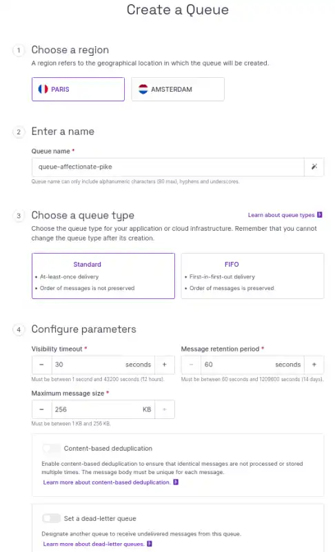 In the Scaleway console, the Create a Queue screen displays. The different sections of the screen are described in the steps below.