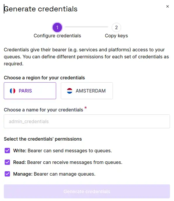 In the Scaleway console, the Generate credentials screen displays. It prompts the user to choose a region for their credentials, a name, and permissions (write, read and/or manage)