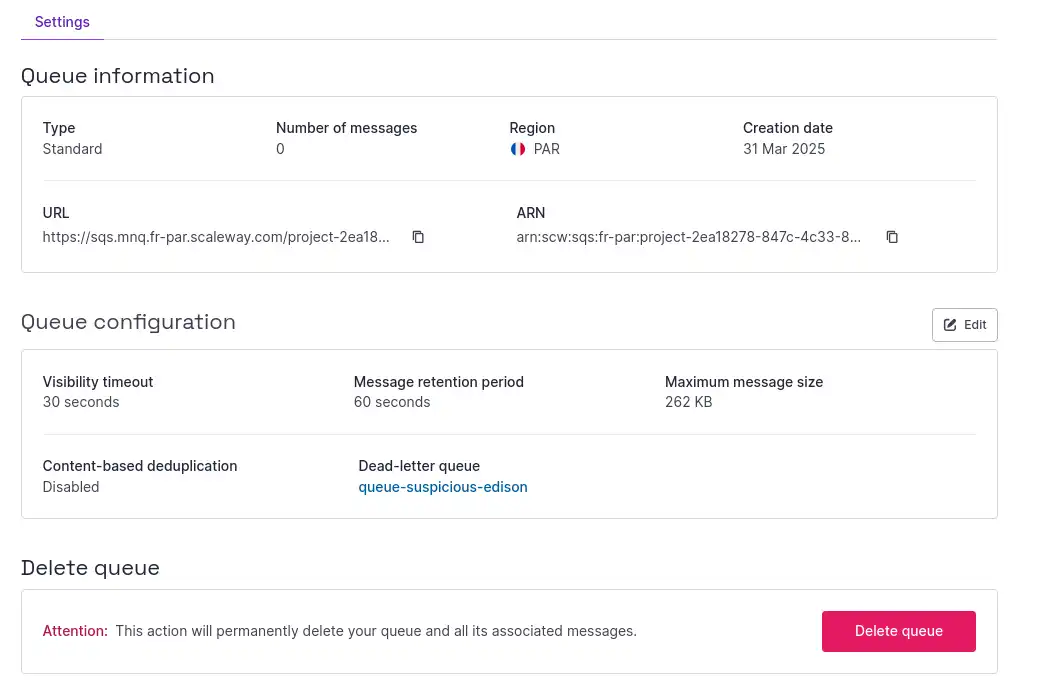 In the Scaleway console, the queue's settings displays includes a Queue information panel (showing its type, number of messages, region, creation date, URL and ARN), a Queue configuration panel (with visibility timeout, message retention period, max message size, content based deduplication and dead-letter queue settings), and a Delete queue panel (with a button to delete the queue).