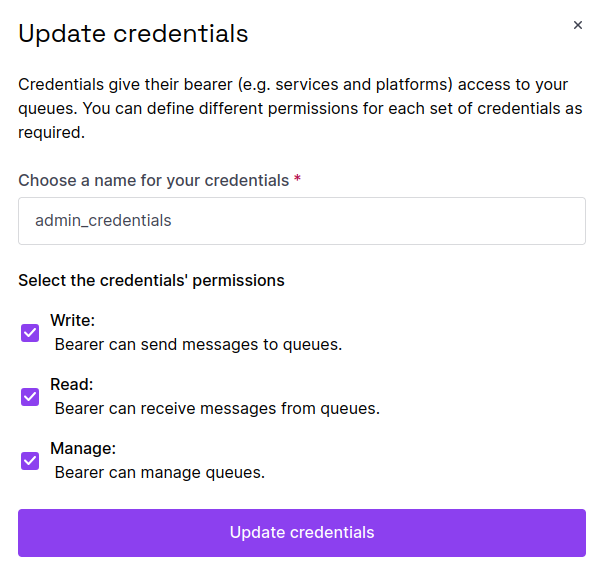 In the Scaleway console, the Update Credentials screen displays. Users can change the name of the credentials, or tick/untick the write, read and manage permissions.