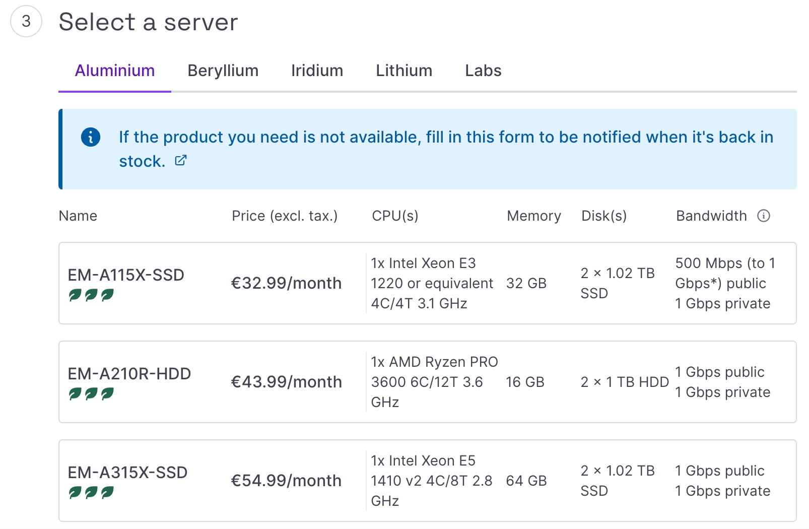 screenshot of the offer selection section of the Elastic Metal order page in the Scaleway console showing the different offers available to order. For each offer, three green leaves indicate the level of environmental impact - the system is explained below.