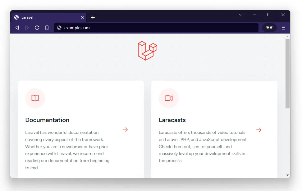 Browsing to Laravel default home page