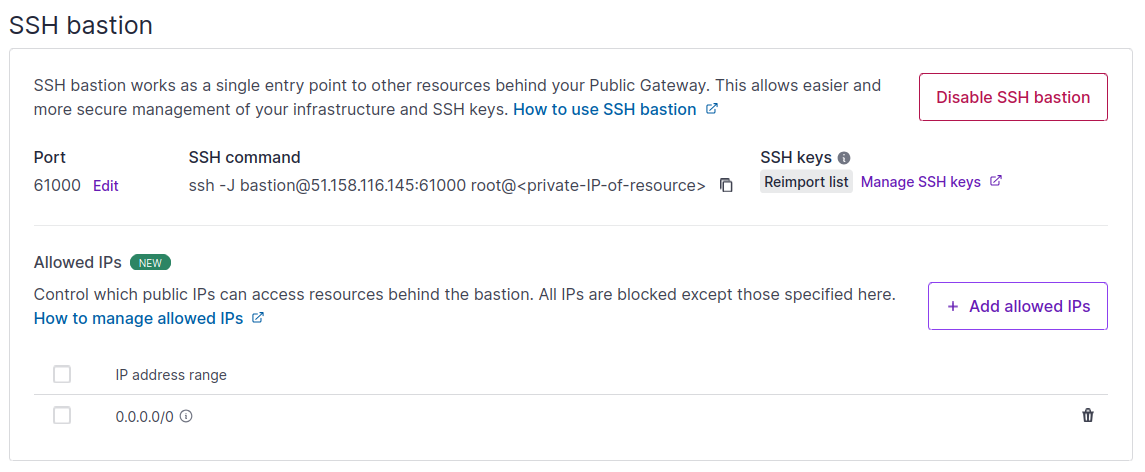 The Public Gateway's dashboard in the Scaleway console shows that SSH bastion is activated, and the Allowed IPs list contains one entry: 0.0.0.0/0