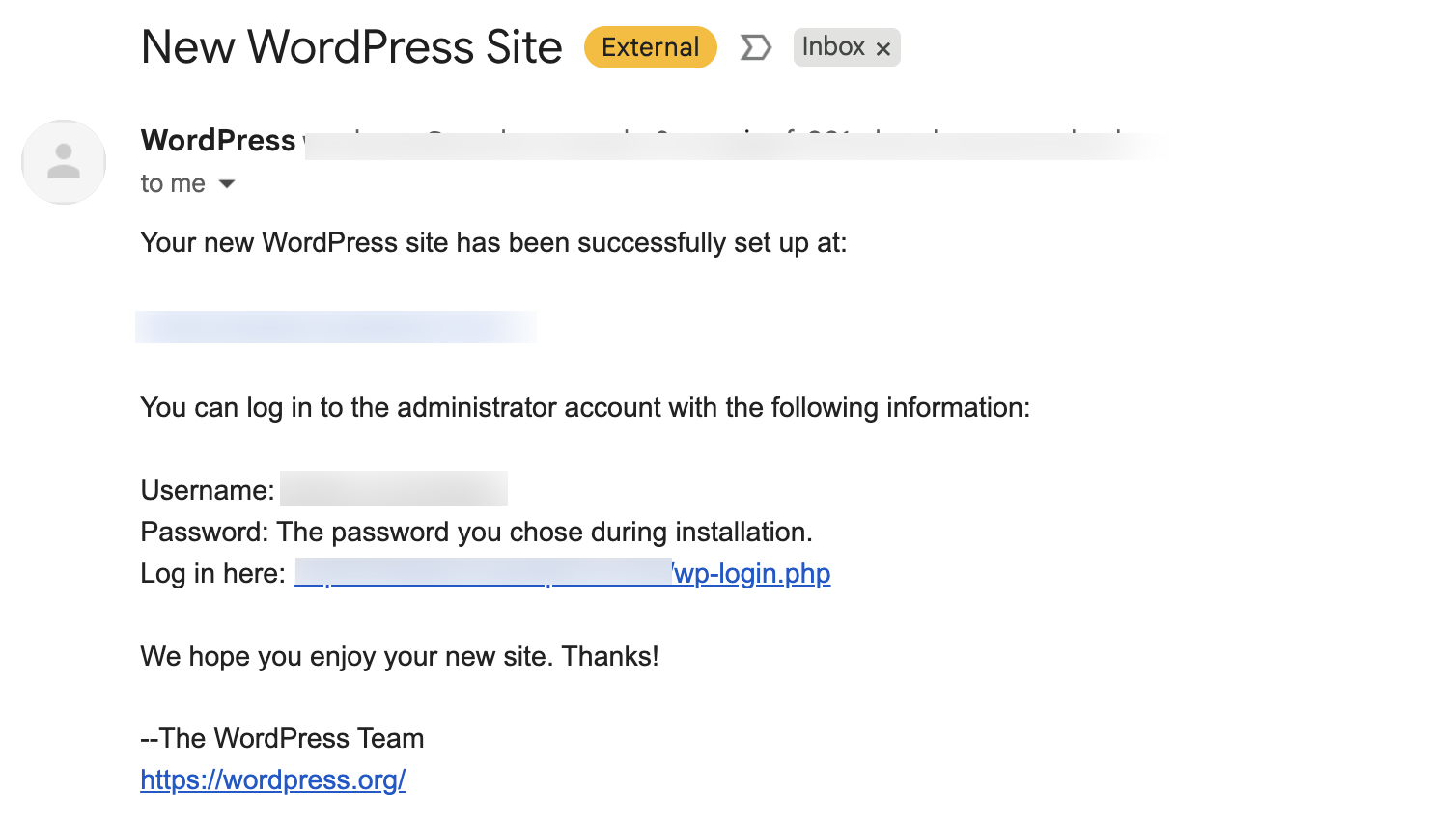 Email from the WordPress team containing the username, and link to access the WordPress administrator account
