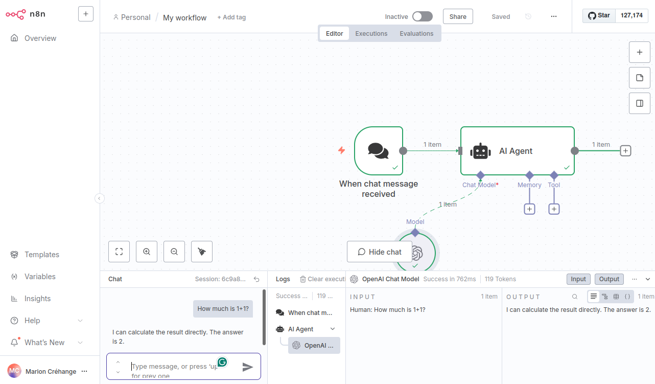 The visual interface of n8n shows the chat model workflow