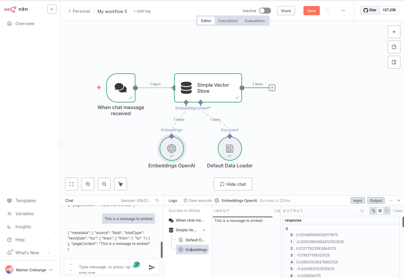 The visual interface of n8n shows the embeddings workflow
