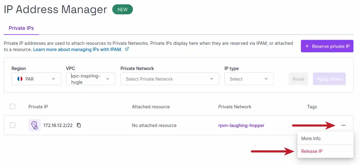 A screenshot of the Scaleway console highlights the three dot menu next to a reserved private IP address in IPAM, with the 'Release IP' action