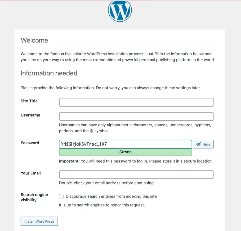 WordPress installation page where you can configure your website's title, your username, password, email, and more