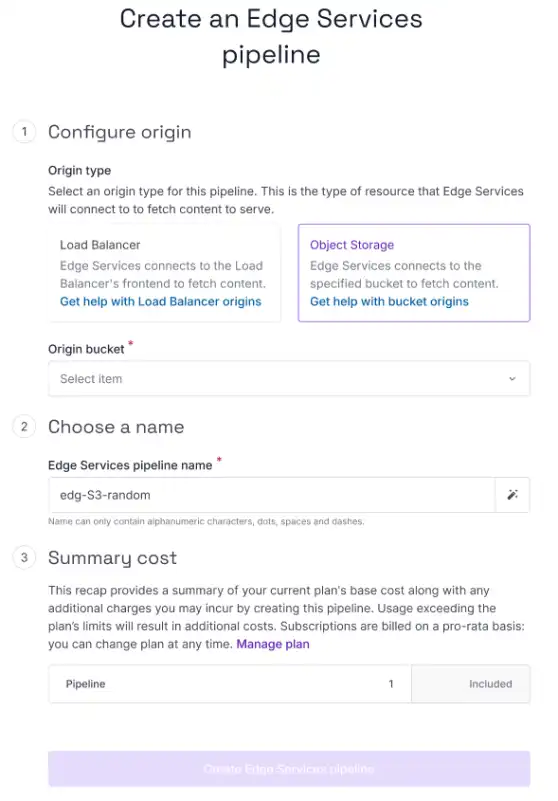 A screenshot of the Scaleway console shows the Edge Services pipeline creation wizard. It prompts you to select an origin type (Load Balancer or Object Storage), origin bucket, and choose a name for the pipeline.