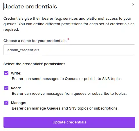 In the Scaleway console, the Update Credentials screen displays. Users can change the name of the credentials, or tick/untick the write, read and manage permissions.