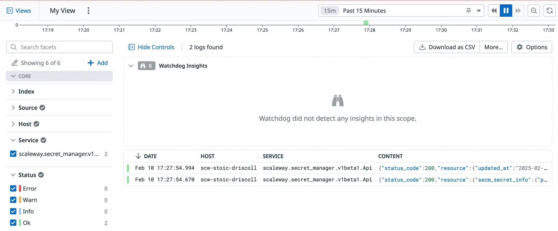 Scaleway Secret Manager logs from the display on the Datadog interface