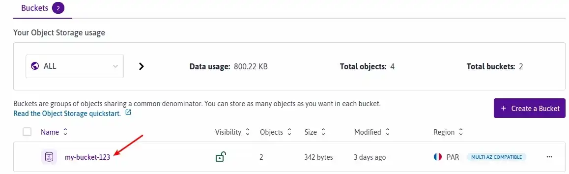 A screenshot of the Scaleway console shows a listing of Object Storage buckets, with an arrow showing that you click on the name of the bucket you want to enable Edge Services on.