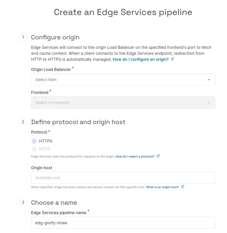 A screenshot of the Create Edge Services Pipeline wizard in the Scaleway console. The steps shown are 1: Configure Origin, 2: Define protocol and origin host, and 3: Choose a name