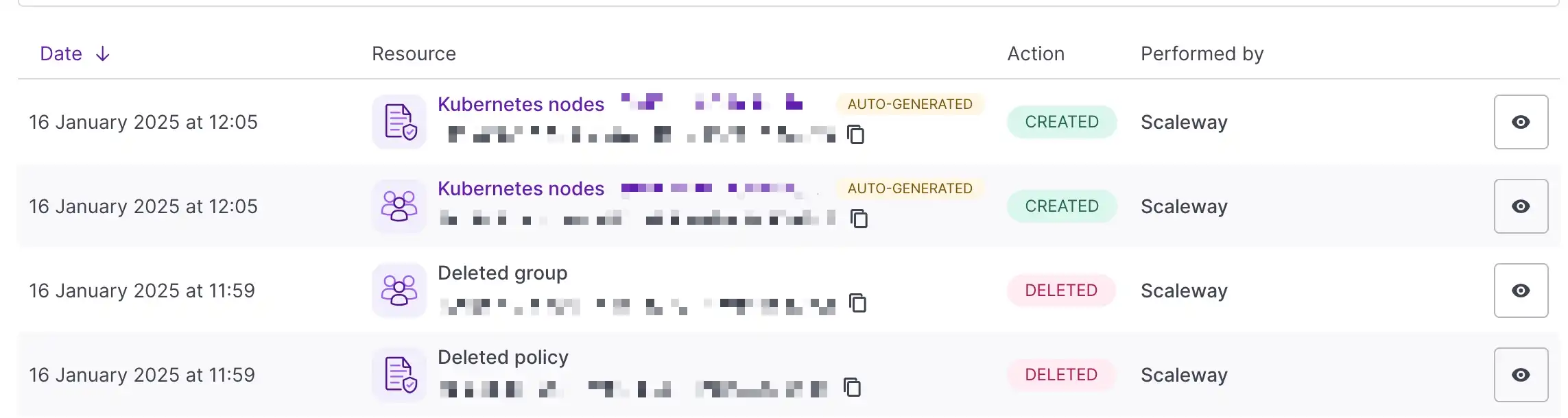 Image showing IAM logs in the Scaleway console. The first two lines show a policy and group that were automatically created for a Kubernetes Kapsule cluster, respectively. The third and fourth line show a group and a policy that were deleted. In all cases, the logs indicate that the actions were performed by Scaleway.