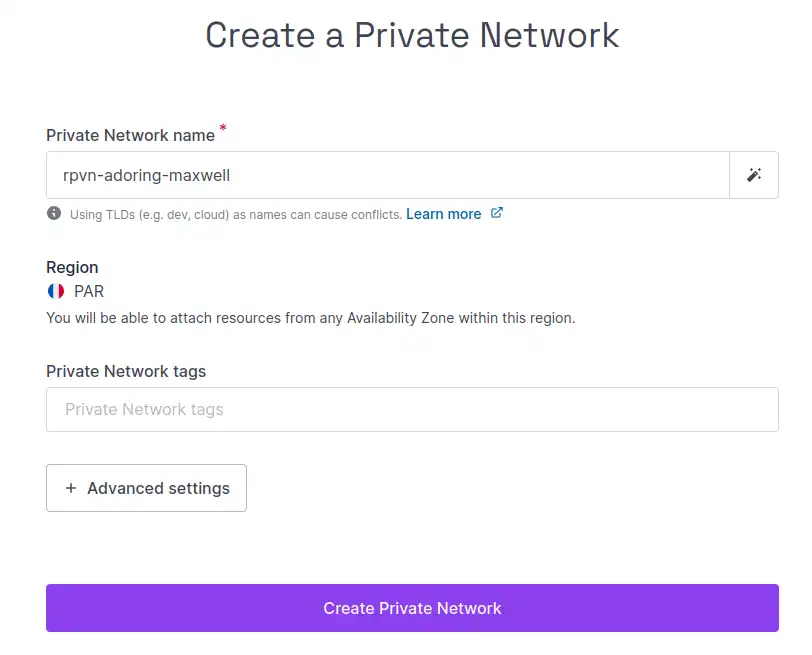 A screen of the Scaleway console, showing the steps to create a Private Network: Enter a name, check the region, enter tags and (optionally) expand the Advanced Settings section