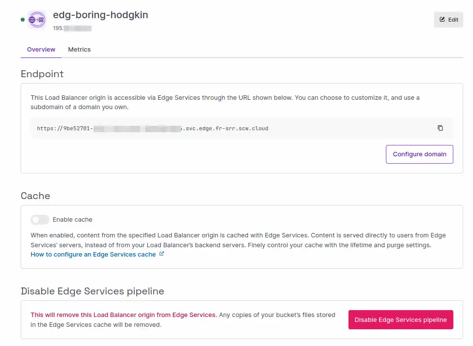 A screenshot of the Scaleway console, showing the Edge Services dashboard for a configured pipeline. Panels are visible for endpoint, cache and disable pipeline.
