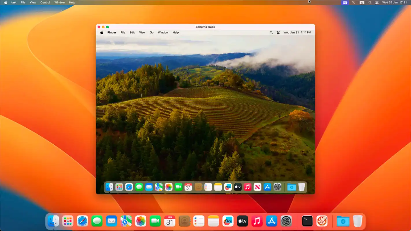 Mac OS Sonoma in a virtual machine, displayed on the main desktop of a Mac mini