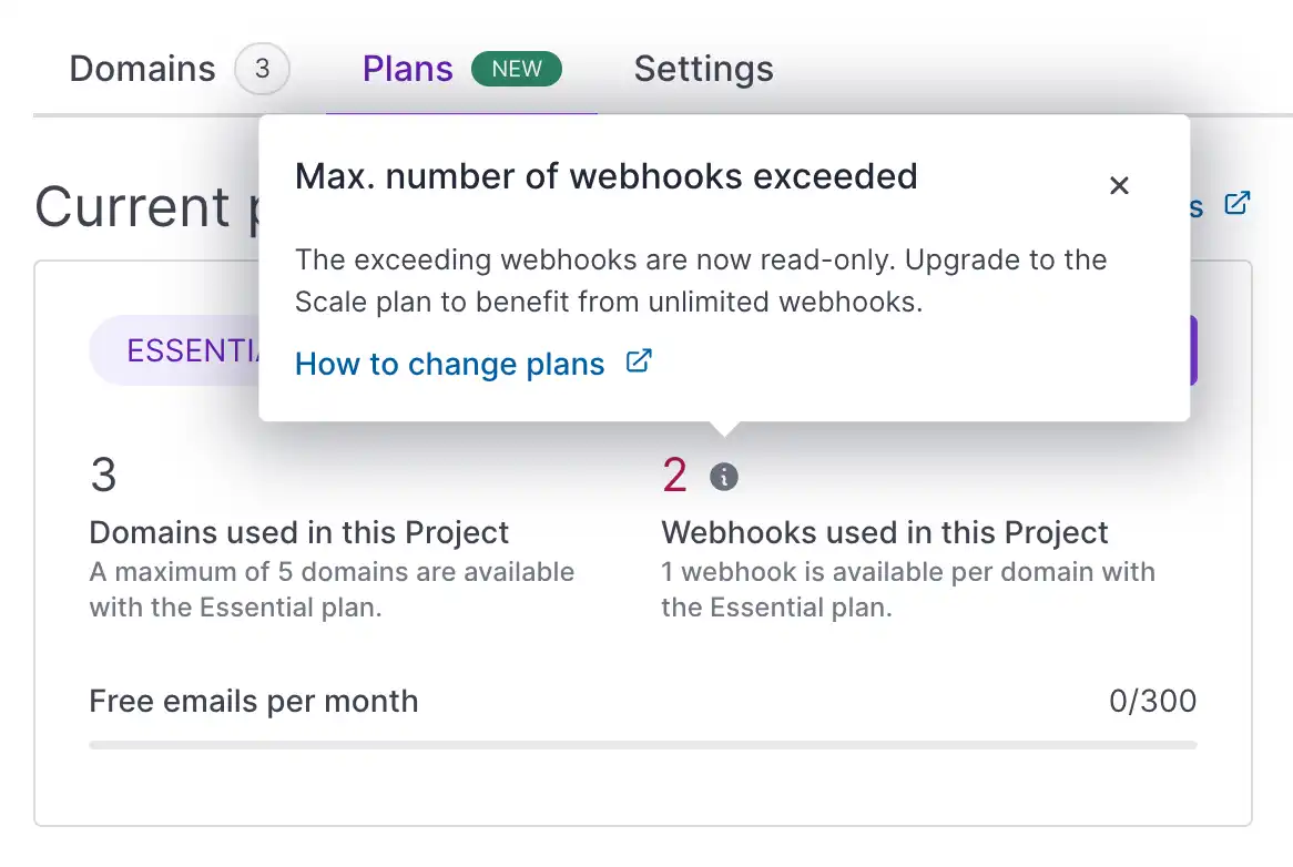 A screenshot of the Scaleway console shows the current plan section. The Project is subscribed to the essential plan. 3 domains are used in this Project. A maximum of 5 domains are available with the Essential plan. 2 Webhooks used in this Project. 1 webhook is available per domain with the Essential plan. Free emails per month: 0/300. A button to upgrade plan is also shown. An information box over the webhook section says: Max. number of webhooks exceeded. The exceeding webhooks are now read-only. Upgrade to the Scale plan to benefit from unlimited webhooks.