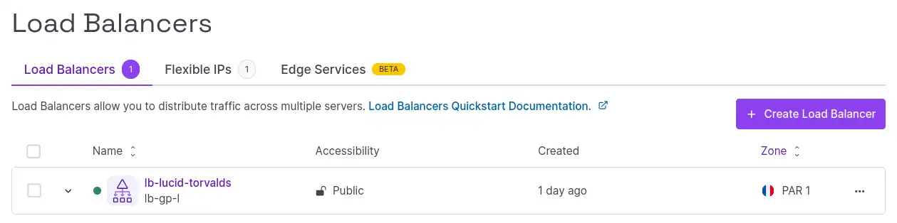 A screenshot of the Load Balancers dashboard in the Scaleway console. The Edge Services tab displays at the right.