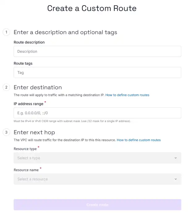 The Scaleway console Custom Route wizard displays, with the sections detailed in the text below.