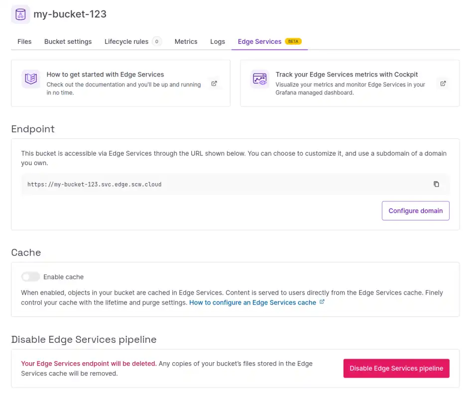 A screenshot of the Edge Services dashboard in the Scaleway console. This is a dashboard for Edge Services on an Object Storage bucket, showing links to the documentation, Scaleway Cockpit, the endpoint, cache settings and a button to disable the pipeline.