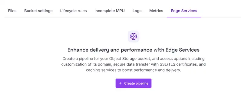 A screenshot of the Scaleway console shows the Edge Services tab for the selected bucket: it is in an empty state, with a button inviting you to enable Edge Services.