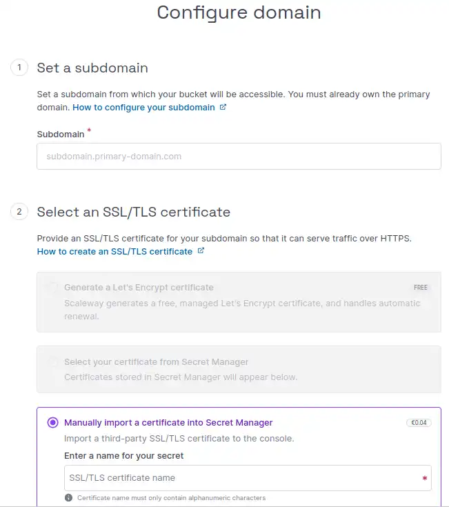 A screenshot of the Configure Domain screen in the Edge Services part of the Scaleway console. Step one is to set a subdomain, step two is to provide an SSL/TLS certificate